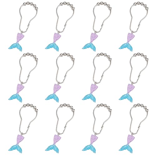 GOMAKERER 12 Pcs Mermaid Decorative Shower Curtain Hooks, 2 Colors Ocean Shower Hooks Metal Shower Curtain Rings Curtain Hooks with Resin Pendants Decorative Hooks for Bathroom Curtain Rod Decor
