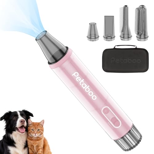 Petaboo 犬ドライヤー マイナスイオン【無段階風速 低騒音 静電気除去】ペット ドライヤー 大風量ペットブロワー ペットグルーミング用 軽量 コンパクト 犬用 4種ノズル付き 大型犬 家庭用および旅行用 ペットサロン 【PSE認証】