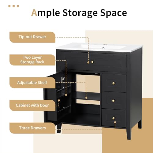 Image of 30 inch Bathroom Vanities with Top Set, Cabinet with Right-Side Multi-Functional Tip-Out Drawer and Adjustable Shelf, Soft-Closing Door, Solid Wood Legs, Black