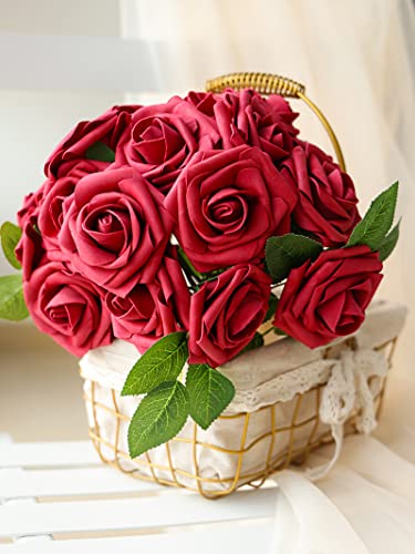 Jpsor Red Fake Roses 25Pcs Foam Artificial Flowers With Stems For Diy Wedding Bouquets Floral Arrangements Table Centerpieces Home Decorations (Dark Red) #TOP6