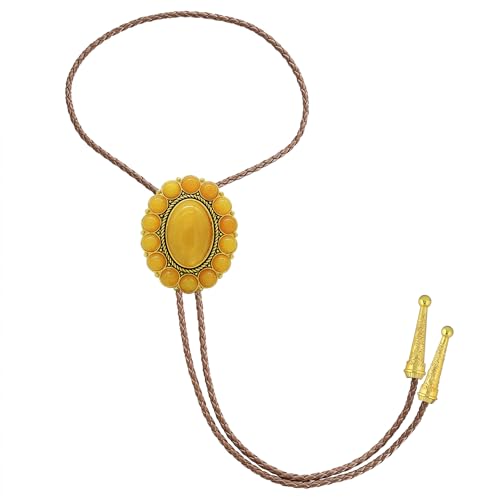 Image of GelConnie Gold Bolo Tie Necklace for Women Adjustable Big Stone Brown Cord | Yellow Oval Stone Bolo Tie Brown Leather Cord Southwestern Country Style Retro Costume Western Cowboy Necktie for Men Women