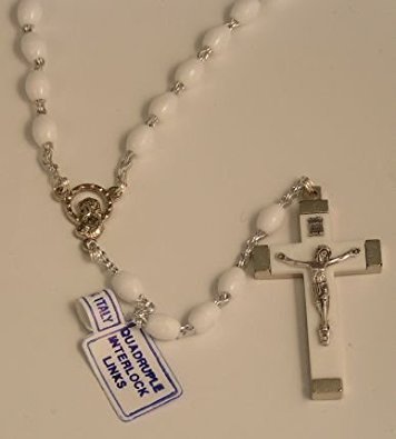 FavorOnline Italian Rosary Necklace with White Oval Beads & Silver Cross and in Box