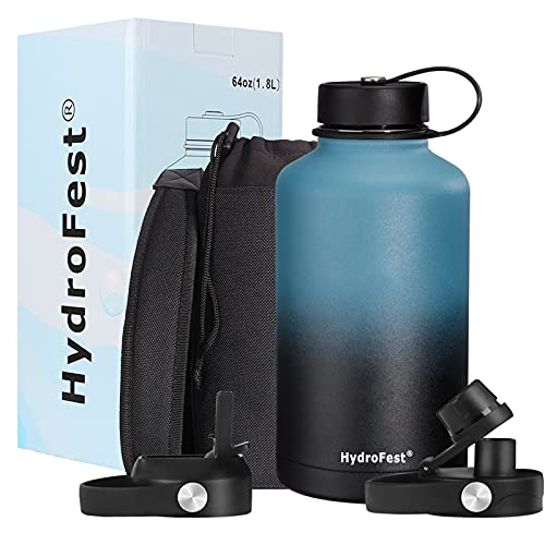 HydroFest Metall-Wasserflasche, 1.8 l, Wasserflasche mit Strohhalm-Deckel, Edelstahl-Wasserflasche mit Strohhalm und Flaschenhalter, hält 48 Stunden lang heiß für 24 Stunden, Marin Cyan