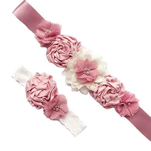 Maternity Flower Sash Belt Headband Set, Women Girls Wedding Baby Shower Sash Dusty Pink #TOP1