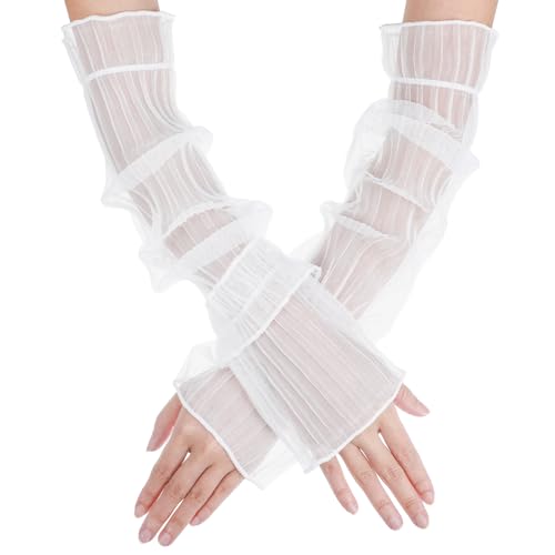 Gants en Dentelle pour Femmes, Gants Transparents Jusqu'aux Coudes Mariée Mitaines en Tulle à Volants de Danse pour Femmes Mariage Opéra Thé (Blanc)