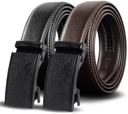 Mens Ratchet Belts Leather-2 Packs,Adjustable Slide Belts,Holeless Belts For Gifts Men Dress Casual 1 3/8