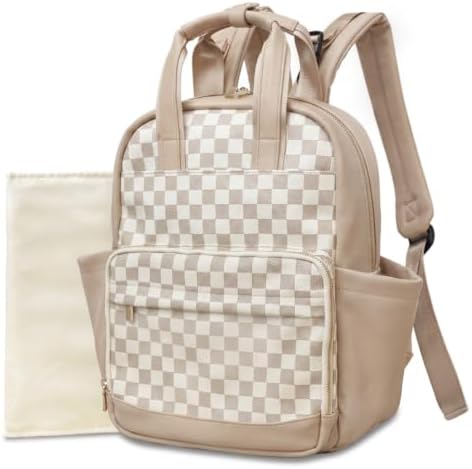 miss fong Small Diaper Bag - Baby Diaper Bag Backpack Checkered Diaper Bag with Changing Pad Baby Backpack for Travel Daycare Mommy Diaper Backpack Pañaleras Para Bebe for Mom & Dad-White&Beige
