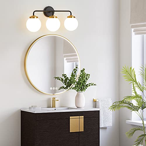 Image of Bathroom Light Fixtures 22.4in 3-Light Black Gold Vanity Lights for Mirror | Bathroom Lighting Fixtures over Mirror, ETL, Brushed Brass Wall Sconce, Dimmable E12 Base Max 60W, Milky Glass Ball Shades
