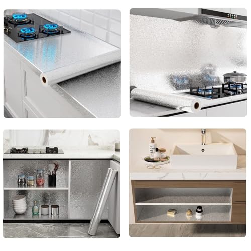 Beminh Kitchen Wallpaper Oil Proof Sticker Backsplash Aluminum Foil Self-Adhesive Paper Silver Cabinet Liner Shelf Liner Waterproof and Heat Resistant Peel and Stick Backsplash(15.7X118 Inches)