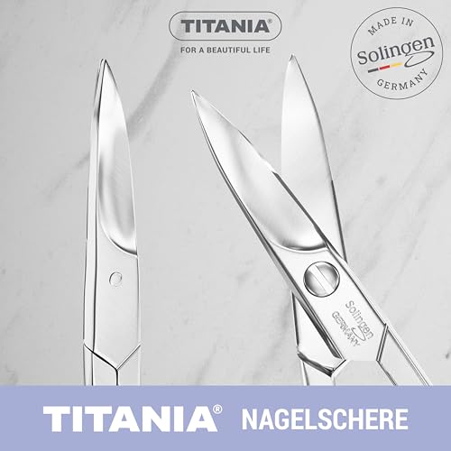 TITANIA Nagelschere Solingen (9,5cm) • Gebogene Schere • Extra scharfe Nagelschere • Professionelle Maniküre Schere aus Carbonstahl • Made in Germany (Solingen)