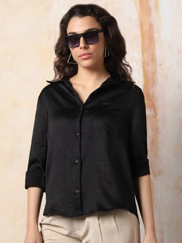 Image of High Star Women Boxy Spread Collar Long Sleeves Solid Shirts 43