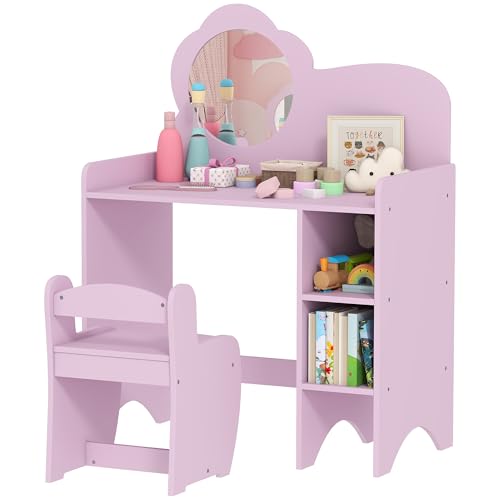 AIYAPLAY Tocador de Maquillaje Niña, 2 en 1, Escritorio, Tocador Infantil con Taburete, Espejo en Forma de Flor, Estantes Abiertos, para Niños +3 Años, Morado