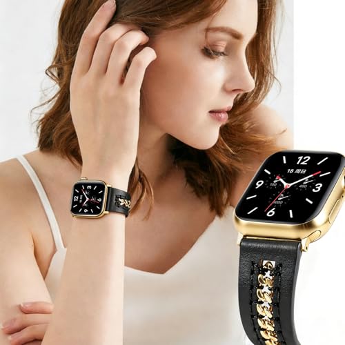 Image of HANDODO Italian Genuine Leather Band with gold chain details, Compatible with Apple Watch Series 11 10 9 8 7 6 5 4 3 2 1 SE SE2 Ultra 2 /3, SGS Certified Fashion Dressy Strap for women men