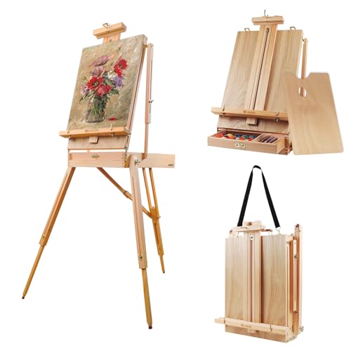 CONDA Large Wooden French Easel and Sketchbox Easel, Adjustable Tripod Easel Stand with Drawer and Palette for Artist, hobbyists, Professionals, Ideal Easel for Painting, Sketching, and Display