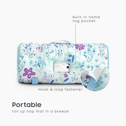 Image of Wake In Cloud - Toddler Nap Mat with Pillow and Minky Fleece Blanket, for Kids Girls Ages 3 Plus in Daycare Preschool Kindergarten, Roll Up Sleeping Bag, Floral Flowers