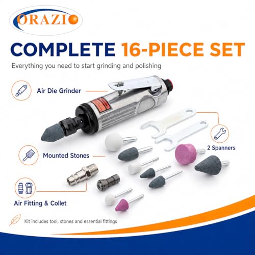 Miniatura 3 de Orazio Kits De Amoladoras Rectas De Aire 16 Piezas, Mini Amoladora Recta Neumática Para Reparación De Neumáticos Y Otras Aplicaciones, Con Accesorios De 3mm 6mm 212505b