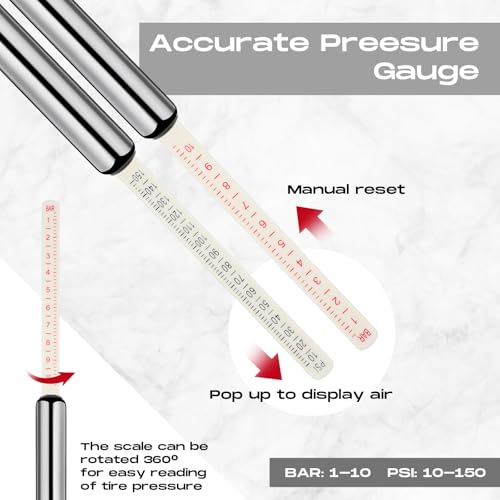 Image of Tallew 10 Pack Tire Pressure Gauge Silver Heavy Duty Air Pressure Tire Gauge Dual Head Semi Truck Tire Pressure Gauge Range 10-150 Psi, Extended Tube Tire Gauge Suitable for Semi Truck, and Bus