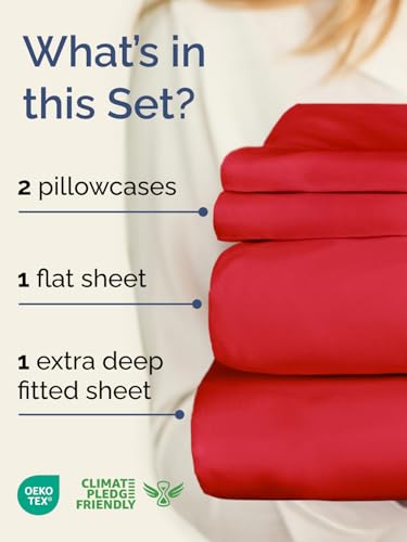 Image of Extra Deep Twin Sheet Set - 4 Piece Breathable and Cooling Sheets - Red | Hotel Luxury Bed Sheets Set, Easy & Secure Fit, Ultra-Soft, Wrinkle & Fade Free, Comfy Sheets Set with Extra Deep Pockets