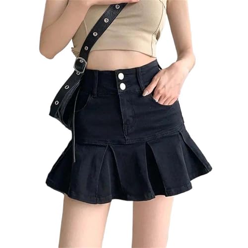 Jupe en jean vintage noir gothique à taille haute trapèze pour femme