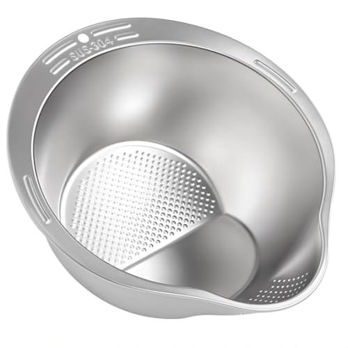 Image of Rice Washer Strainer Bowl with Side Drain Design, SUS304 Stainless Steel Rice Cleaning Colander for Washing Rice, Quinoa, Beans, Fruits & Vegetables, Kitchen Drain Bowl with Pouring Spout
