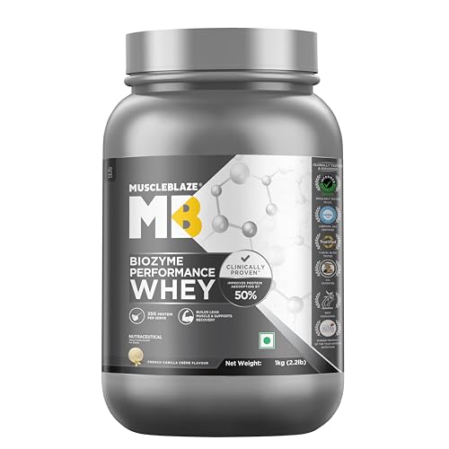 Image of MuscleBlaze Biozyme Performance Whey Protein Powder, French Vanilla Creme (1kg / 2.2lbs) | 25g Protein Per Scoop | Clinically Tested 50% Higher Protein Absorption