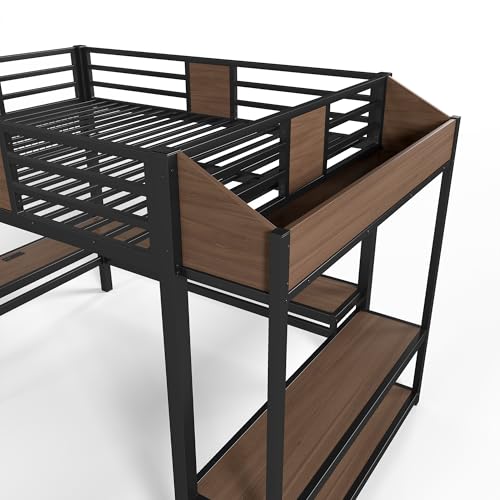 Image of Bellemave Queen Size Loft Bed with Desk and USB Ports, Clothes Hanging Rod, LED, Metal Full Loft Bed Frame for Adults, Kids, Teens, Black