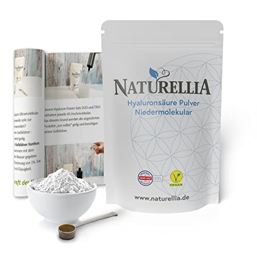 Naturellia Hyaluronsäure Pulver hochdosiert 20g Vegan • Hyaluron Pulver NIEDERMOLEKULAR zur Herstellung von DIY Hyaluron Serum für Gesicht • pure hyaluronic acid powder • Made in Germany Cover