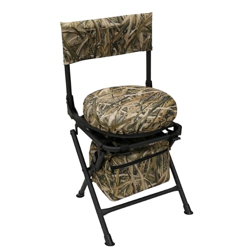 MDSTOP 360 Degree Swivel Hunting Chair for Ground Blinds, Folding Hunting Seat, Fishing Chair, Lightweight, Portable, Padded Cushion for Dove Deer Hunting, Fishing, Camping(No. 3 Reed Camo)