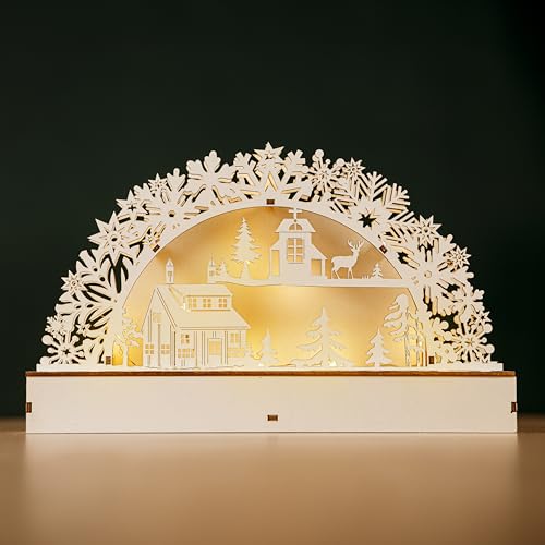 Marco Paul Interiors Christmas Candle Bridge Decoration White Wooden Village Scene Light Up Arch Xmas Christmas Decorations Room Decor Christmas Decorations Indoor Festive Home Decor Warm White LED
