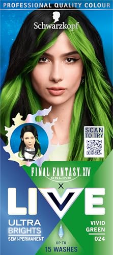 Schwarzkopf LIVE Ultra Brights or Pastels Vivid Green 024 Shade Semi-Permanent Green Hair Dye FINAL FANTASY XIV Online x Live Vibrant Hair Dye Kit Lasts Up to 15 Washes