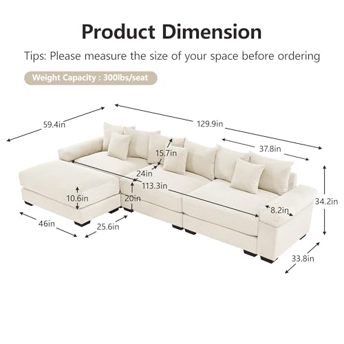 KEIKI 130\" L-Shaped Oversized Corduroy Modular Cloud Sectional Sofa with 1 Ottoman, High-Density Foam Cushion, Extra-Thick Armrest, 3-Seater Fluffy Corner Couch with 9 Pillow, for Living Room, Beige