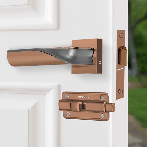 Image of Plantex Heavy Duty Door Lock – Bathroom Door Lock/Mortise 8inch Keyless Handle Set for Home/Bathroom/Store Room/Balcony/Office with Baby Latch (7086, PVD Choco & Satin Black)