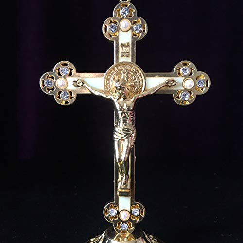 Kelendle Jesus Christ On Cross Standing Crucifix 6 Inch with Detachable Base Luminous Gilded Diamond-Studded Pearls Baroque Style Vintage Antique for Religious Gift Home Church Wall Decor (Golden)
