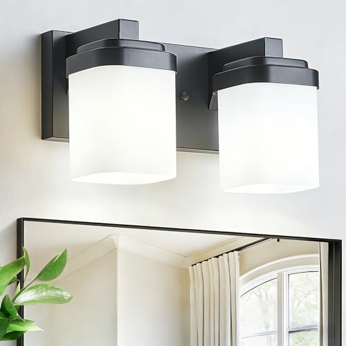 Image of 10 Inches Bathroom Vanity Light, 2-Light Black Bathroom Light Fixtures Over Mirror, Bathroom Light Shower Lamp with Milky White Square Glass Shade, Modern Farmhouse Lighting Fixtures