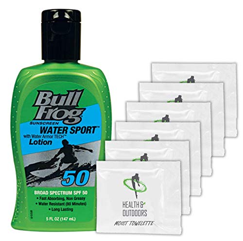 Bull Frog Water Sport SPF 50 Water Resistant Lotion + 6 Exclusive Health and Outdoors Moist Towelettes