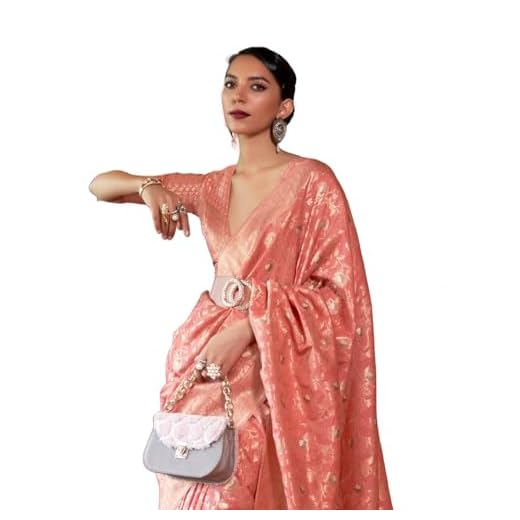 SWORNOF Women's kanjivaram banarasi silk saree Zari Woven for festival Wedding silk with rich pallu Design sarees for women with Unstitched blouse piece (Peach)