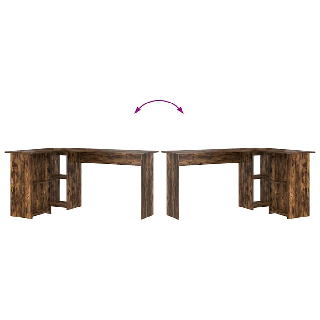Scrivania in rovere affumicato, 142 x 102 x 73 cm, con ripiano e ripiano, scrivania angolare per computer per casa, ufficio e gaming, grande spazio di archiviazione e comodo spazio di lavoro