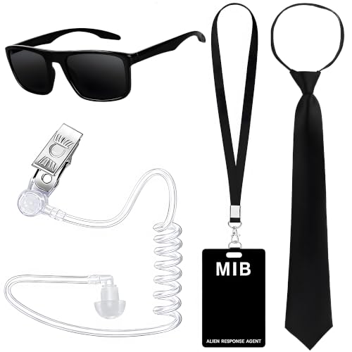 Kavoc 4Pcs Halloween Agent Costume Set Include Sunglasses Zip Tie ID Badge Prop and Fake Earpiece for Alien Party Dress UpStyle 1 (1 Set)