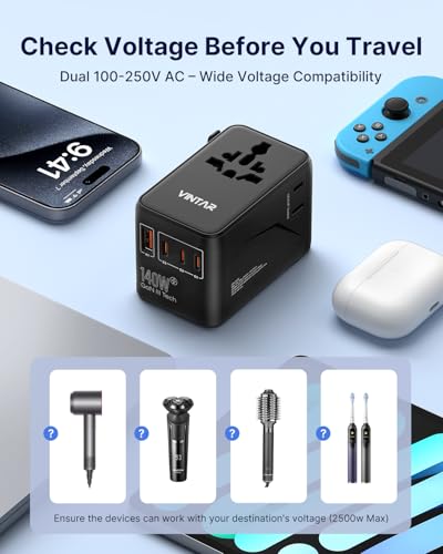 Image of VINTAR 140W GaN Universal Travel Adapter, 6-in-1 International Power Adapter with 2AC, 3 USB-C PD & 1 USB-A QC, All-in-One Charger Compatible with EU /UK /US /AU for Laptops, Tablets, Phones, Cameras