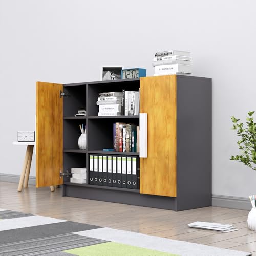 Image of Bniture Storage Cabinet Wooden Sideboard for Living Room with 3 Shelf & 2 Door | Multipurpose Book Shelf Storage Organizer Cabinet for Office Home Hallway Drawing Room Bedroom |Slate Grey & Giant Wood