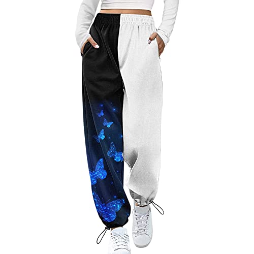 Spliced High Waist Joggers for Women Black and White Harmony Print Elastic Waist Ribbing Yoga Pants Cuffed Baggy Pleated Pocketed Long Hose Straigh Leg Running Pants Textured Womens Pants