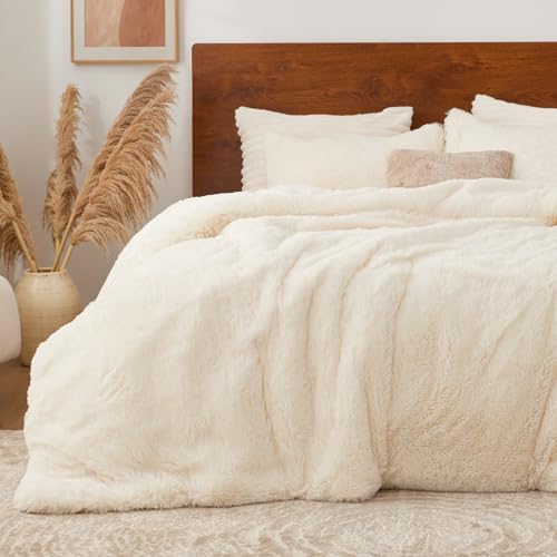Image of BEDELITE Cream White Fluffy Comforter Set King, Fuzzy Faux Fur Comforter | Warm Fleece Shaggy Bedding for Winter, Soft & Cozy Plush Bed Set with 2 Pillowcases