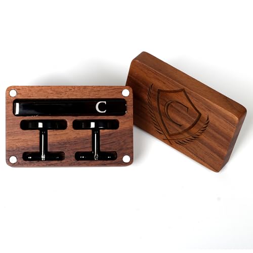 Image of Mens Initial Cufflinks and Tie Clip A-Z Alphabet Letter Black Stainless Cuff Links Tie Bar with Engraved Walnut Wood Box Groom Groomsman Wedding Set