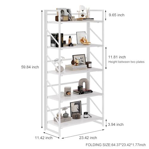 Image of JSB No Assembly Folding Bookshelf, 5 Tier Industrial Metal Book Shelf for Storage, Vintage Wood Foldable Bookcase for Living Room, Bedroom, Office Organization Shelves