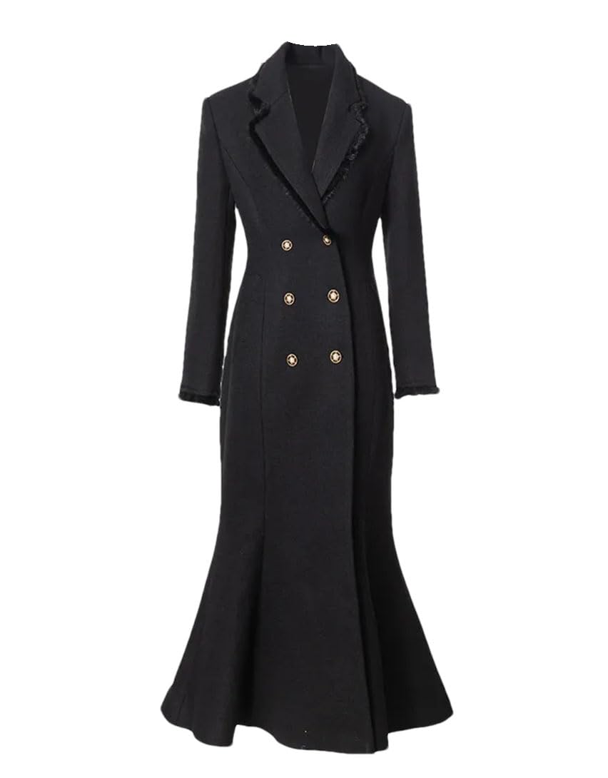 Women Notched Double Breasted Long-Sleeved Black Mermaid Overcoat Fashion Overlength Trench Coat