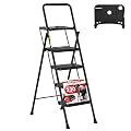 4 Step Ladder, HBTower Folding Step Stool with Tool Platform, Wide Anti-Slip Pedal, Sturdy Steel Ladder, Convenient Handgrip, Lightweight 330lbs Portable Steel Step Stool, Black