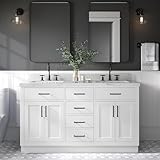ARIEL 61' White Double Bathroom Vanity with Sink, 1.5' Italian Carrara Marble Countertop & Backsplash, Rectangular Sinks, 4 Soft Closing Doors, 4 Full Extension Dovetail Drawers, Toe Kick, Matte Black