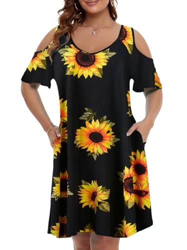 Image of JollieLovin Womens Plus Size Short Sleeve Cold Shoulder V Neck T-Shirt Dress with Pockets