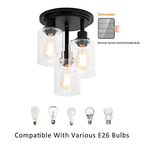 3Wwwuee Semi Flush Mount Ceiling Light,3 Lights Clear Glass Shade, Matte Black Finish,Farmhouse Industrial Rustic Ceiling Light Fixture For Hallway Kitchen Island Entryway Bedroom, E26 Socket,11.2” #TOP2
