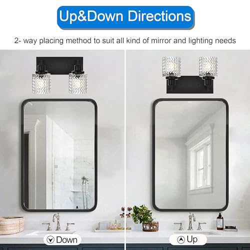 Image of MELUCEE 2 Lights Indoor Wall Sconces Black Finish, Contemporary Bathroom Vanity Lighting Fixtures with Hammered Glass Shade, Modern Wall Mounted Lamp Above Mirror Sink Cabinet